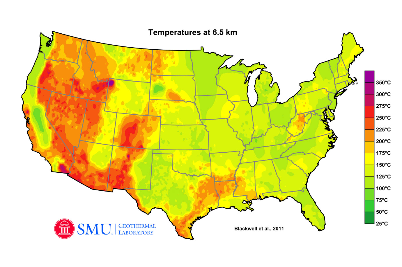 U.S. map of temperatures at 6.5km depth