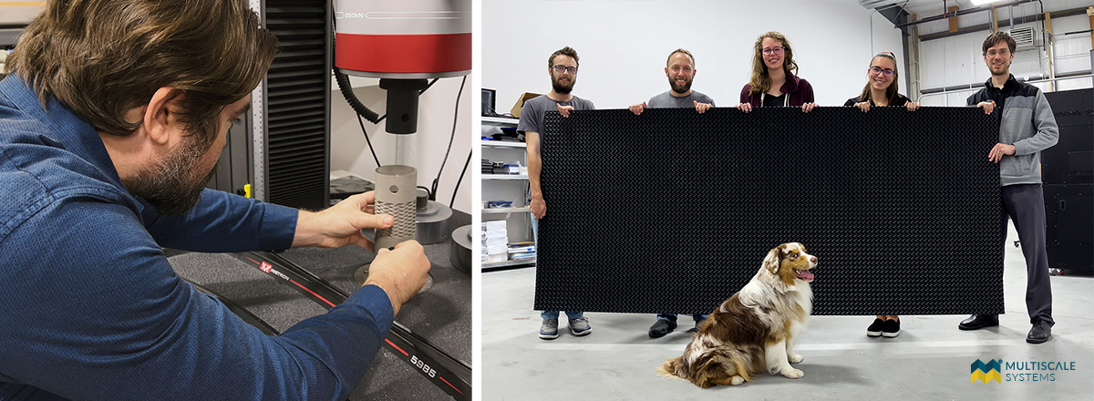 a collage of multiscale system team members. on left, art evans is placing a metal cylinder into the Instron for testing. on right, various team members stand behind a large panel core, smiling. in front sits is office dog, morse.