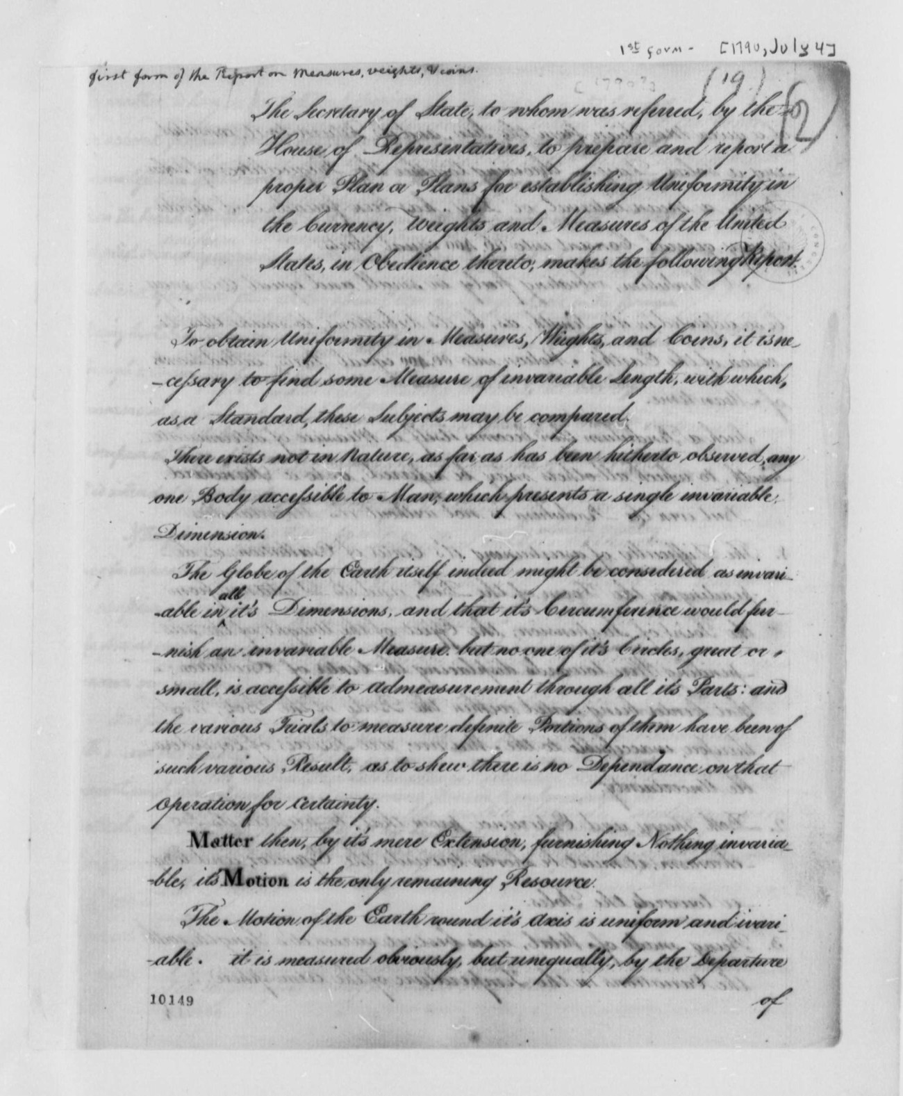 Thomas Jefferson to House of Representatives, July 4, 1790, Report on Plan for Establishing a Uniform Currency, with Draft Copy