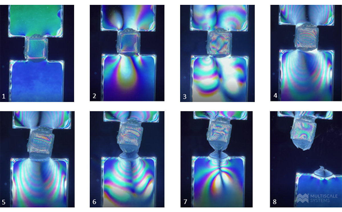 Various images from the polariscope showing the development of a tab pull test